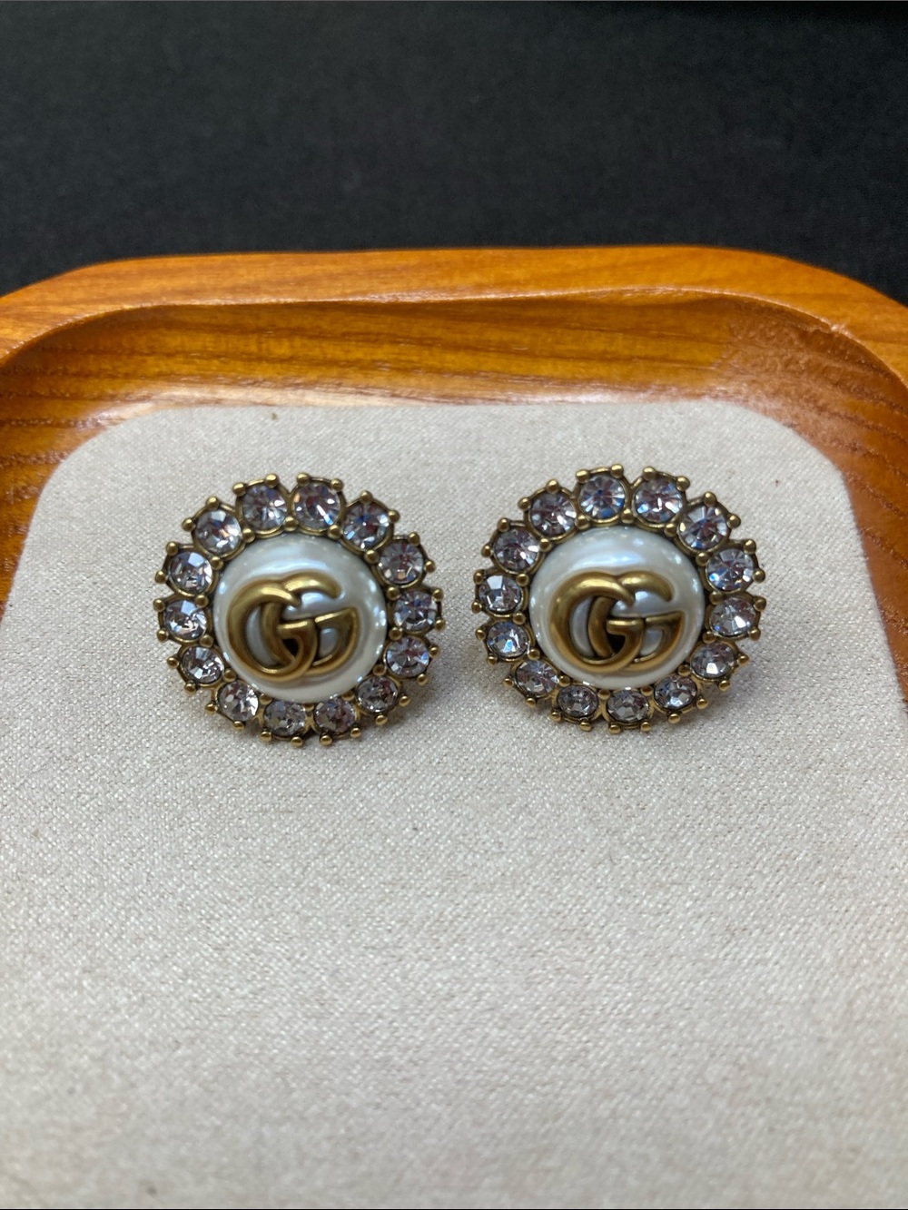 Gucci Gold and Pearl GG Crystal Halo Stud Earrings